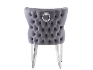 Dark Grey Plush Velvet Chunky Dining Chair with Steel Legs & Lion Knocker
